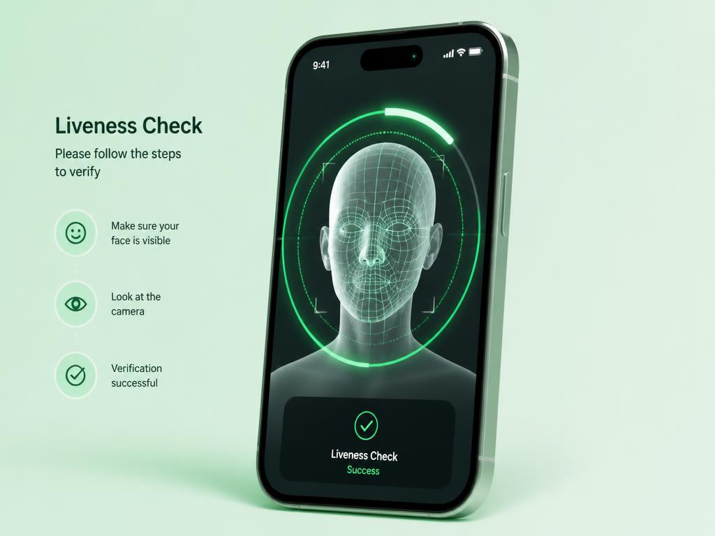3D illustration of a phone running a face biometric liveness check